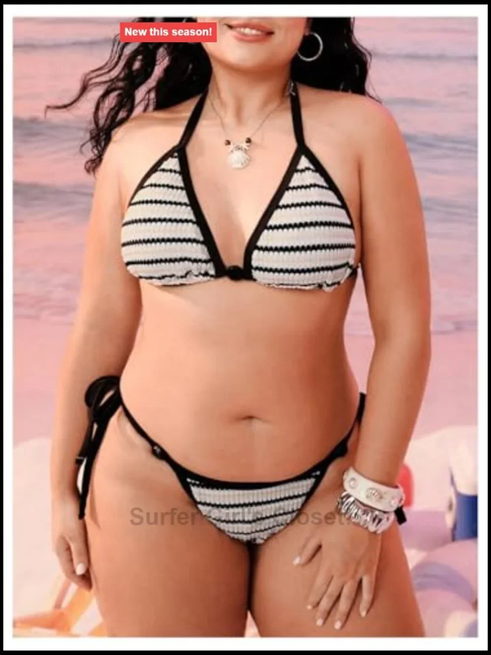 Plus Size Striped String Bikini Triangle Halter Thong Swimsuit Set